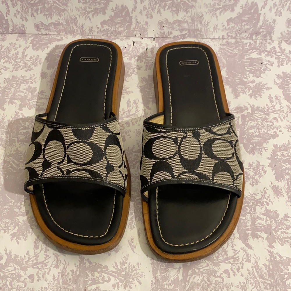 Coach Black and Tan Logo Slide Sandals